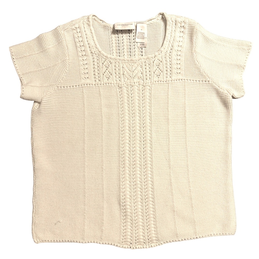 Liz Claiborne Beige Knit Short Sleeve Sweater Top Womens M Cable Knit Details